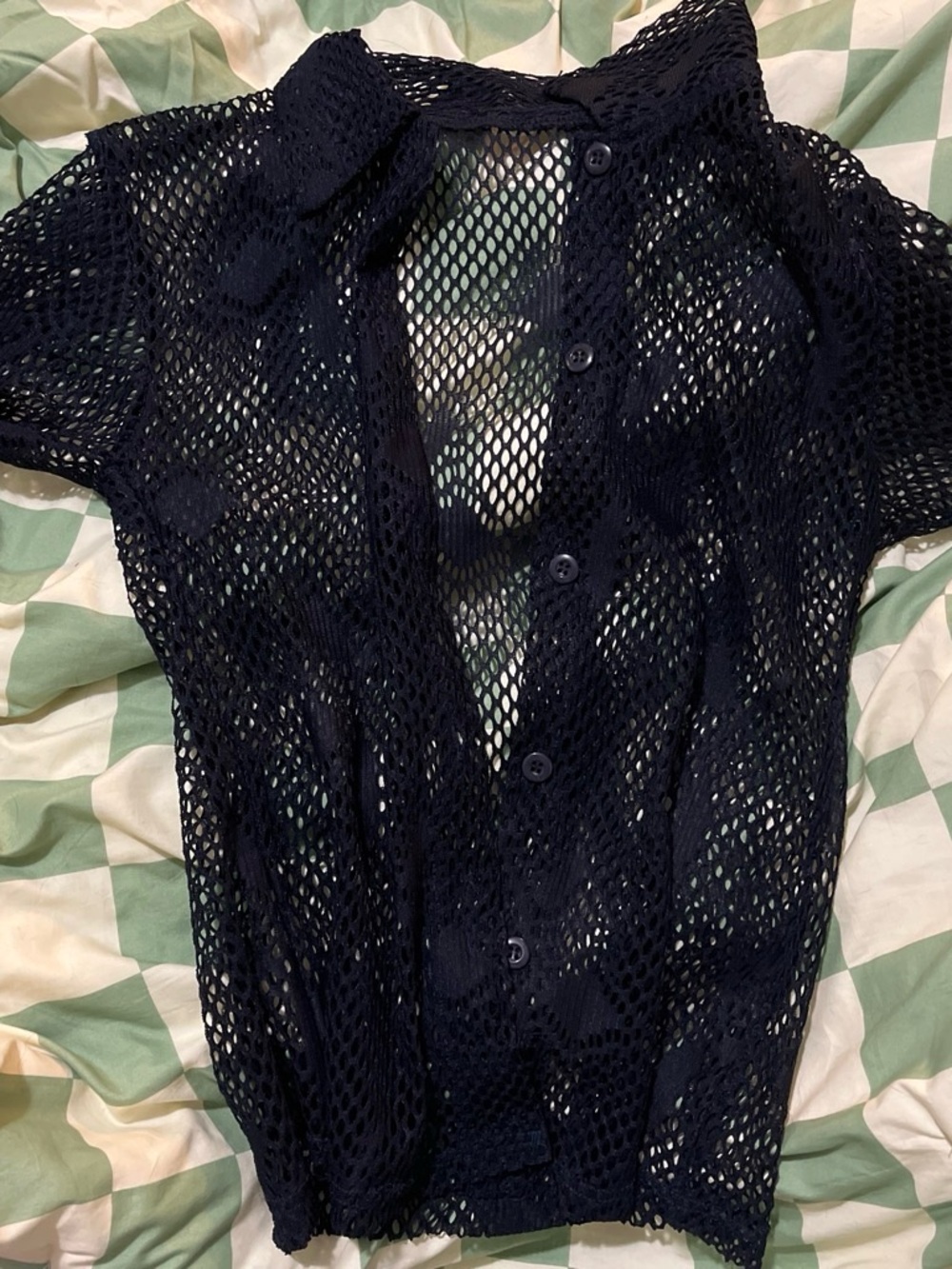 Sheer Black Open-Knit Button-Down Top
